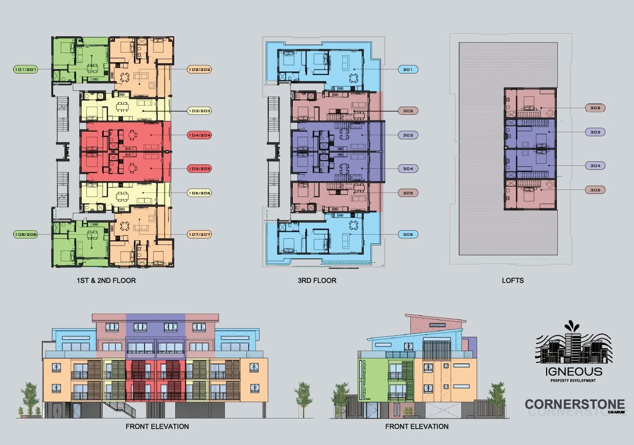 Cornerstone on Arum Color-Coded Floor Plans showing 1st & 2nd Floor, 3rd Floor, Lofts, and Front Elevations