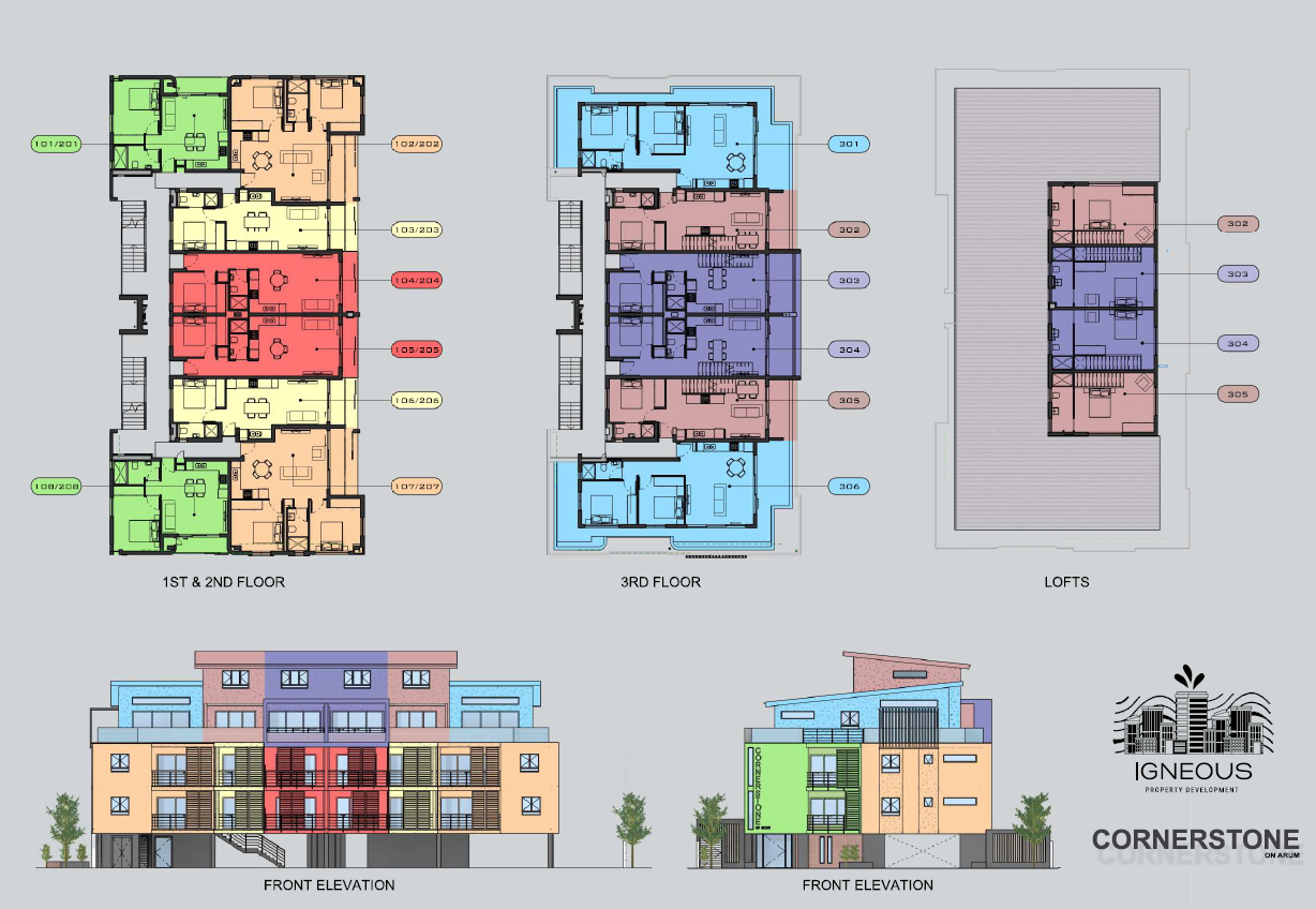 Cornerstone on Arum Color-Coded Floor Plans showing 1st & 2nd Floor, 3rd Floor, Lofts, and Front Elevations